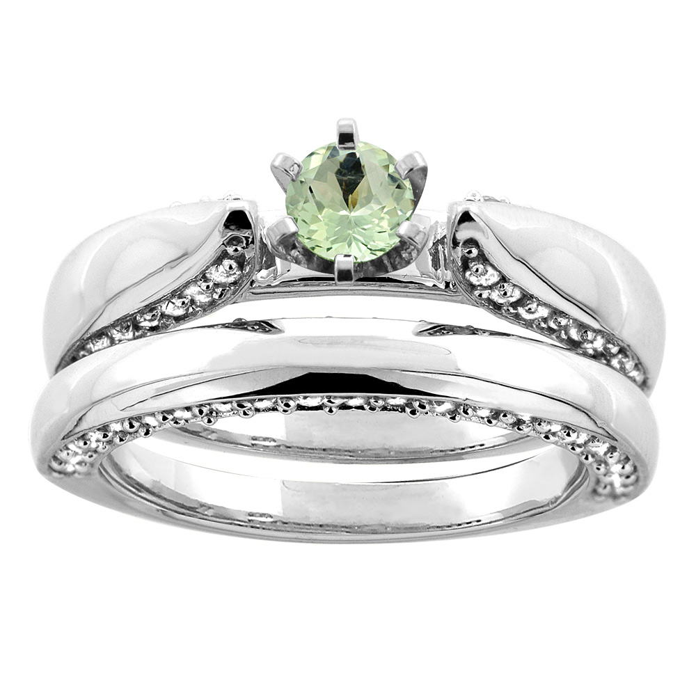 10K White Gold Genuine Green Amethyst 2-piece Bridal Ring Set Diamond Accents Round 5mm sizes 5 - 10
