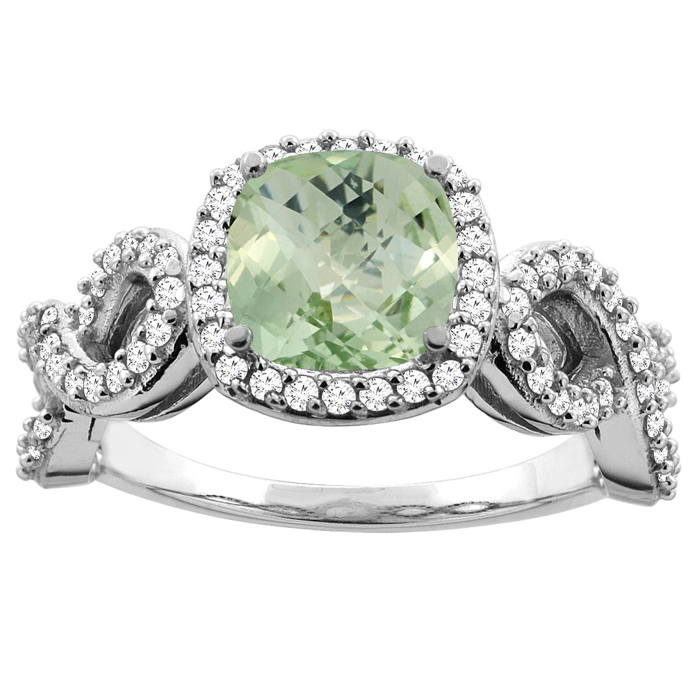 14K Gold Natural Green Amethyst Engagement Ring Cushion 7mm Eternity Diamond Accents, sizes 5 - 10