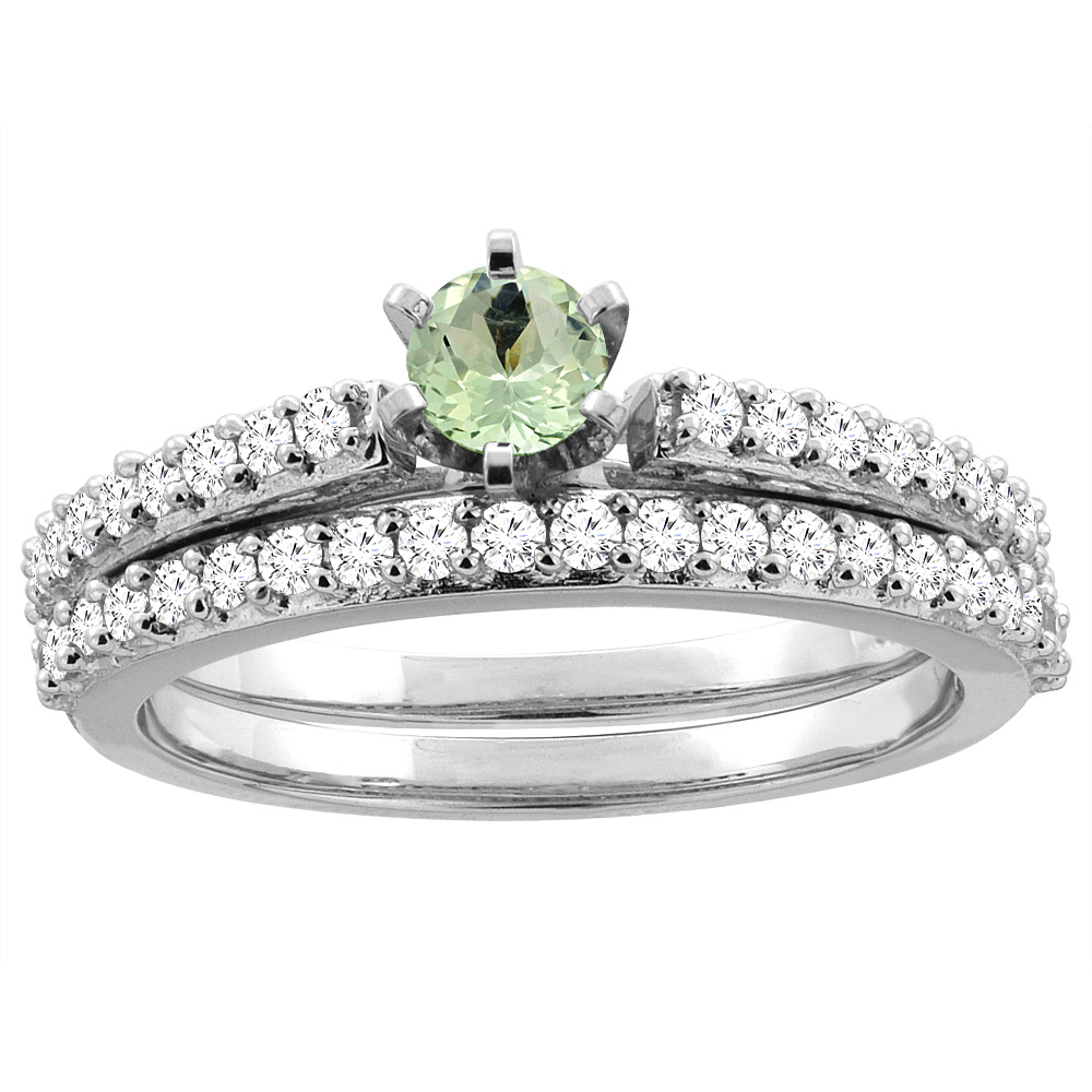14K White Gold Natural Green Amethyst 2-piece Bridal Ring Set Round 4mm, sizes 5 - 10