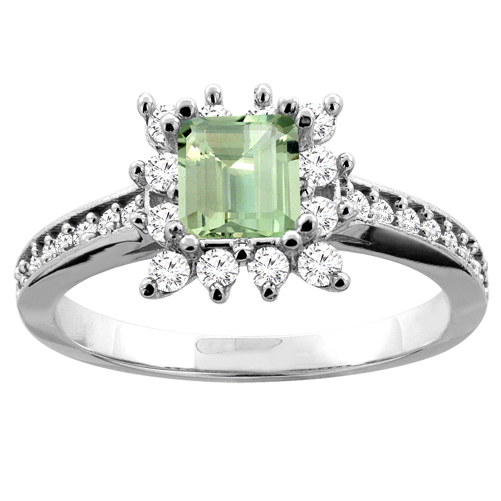 10K Yellow Gold Genuine Green Amethyst Engagement Ring Diamond Accents Square 5mm sizes 5 - 10