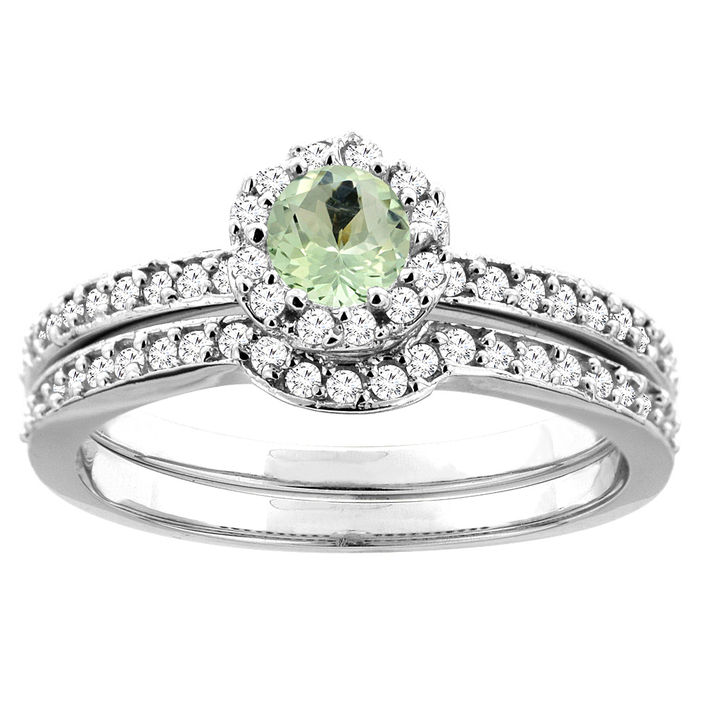 14K White Gold Natural Green Amethyst 2-pc Bridal Ring Set Diamond Accent Round 4mm, sizes 5 - 10