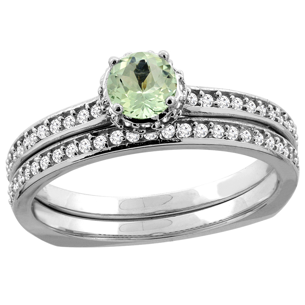 14K White Gold Diamond Natural Green Amethyst 2-pc Bridal Ring Set Round 4mm, sizes 5 - 10