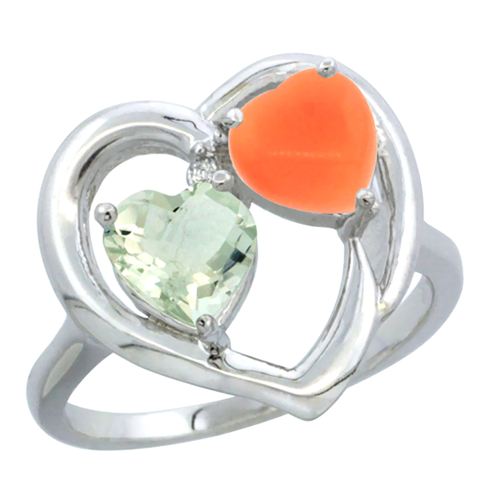 14K White Gold Diamond Two-stone Heart Ring 6mm Natural Green Amethyst &amp; Coral, sizes 5-10