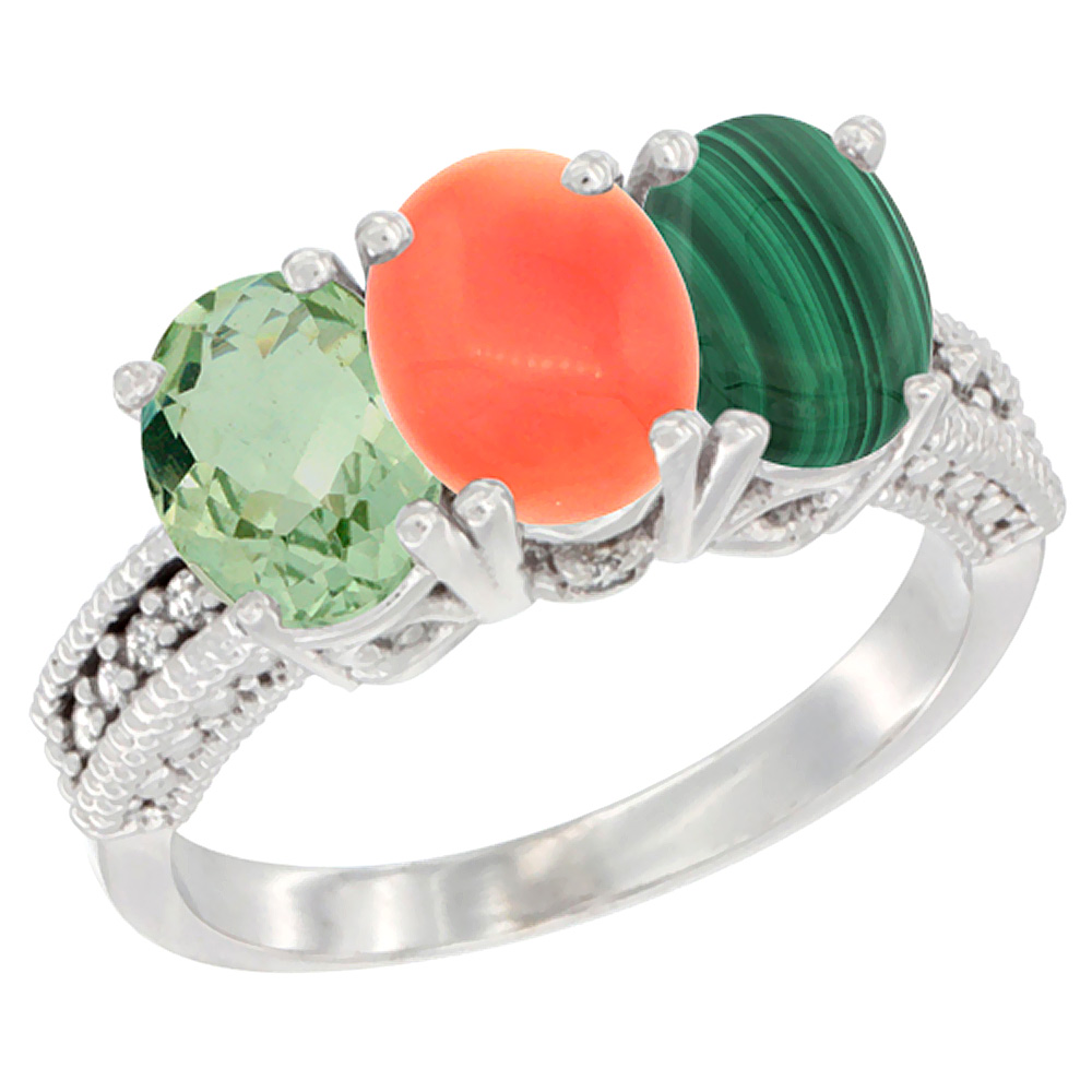 10K White Gold Natural Green Amethyst, Coral & Malachite Ring 3-Stone Oval 7x5 mm Diamond Accent, sizes 5 - 10