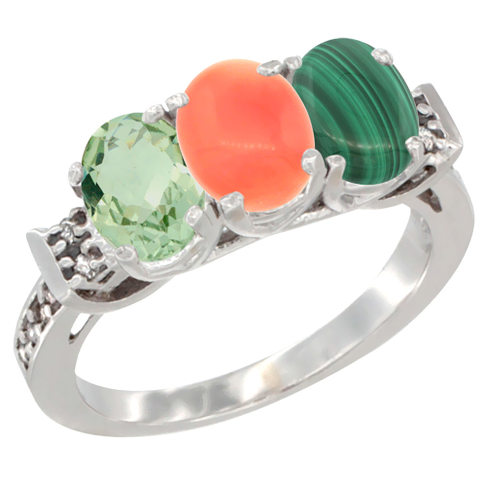 14K White Gold Natural Green Amethyst, Coral & Malachite Ring 3-Stone 7x5 mm Oval Diamond Accent, sizes 5 - 10