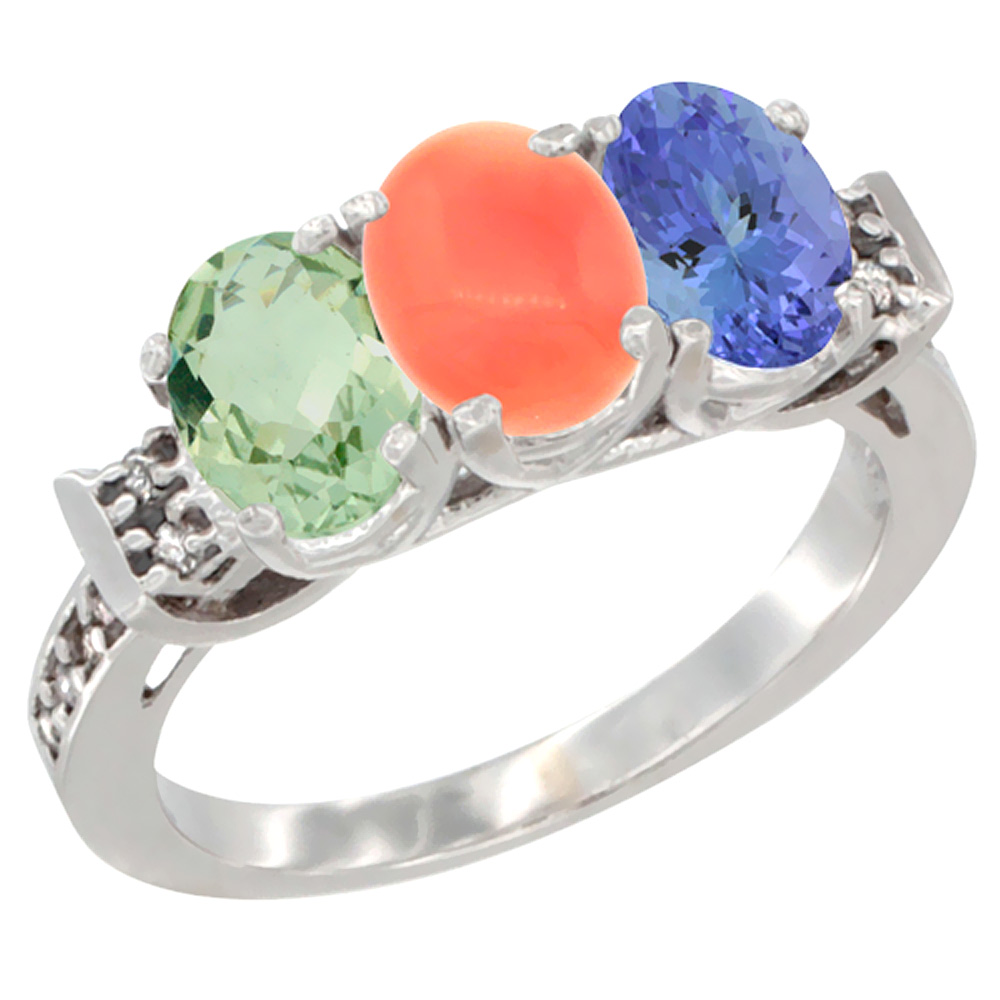 14K White Gold Natural Green Amethyst, Coral & Tanzanite Ring 3-Stone 7x5 mm Oval Diamond Accent, sizes 5 - 10