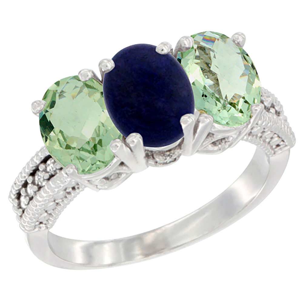 10K White Gold Natural Lapis &amp; Green Amethyst Sides Ring 3-Stone Oval 7x5 mm Diamond Accent, sizes 5 - 10