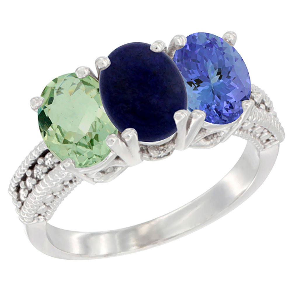 10K White Gold Natural Green Amethyst, Lapis & Tanzanite Ring 3-Stone Oval 7x5 mm Diamond Accent, sizes 5 - 10