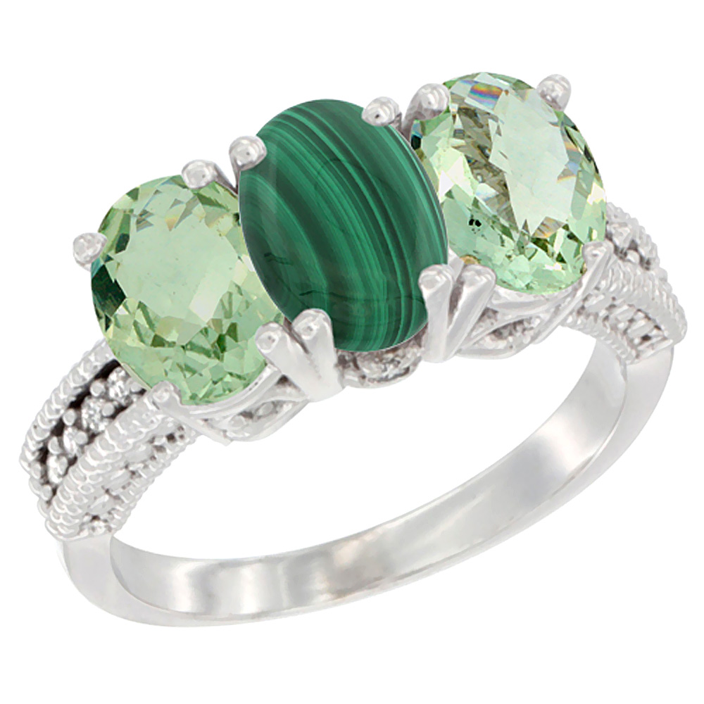 14K White Gold Natural Malachite & Green Amethyst Sides Ring 3-Stone 7x5 mm Oval Diamond Accent, sizes 5 - 10