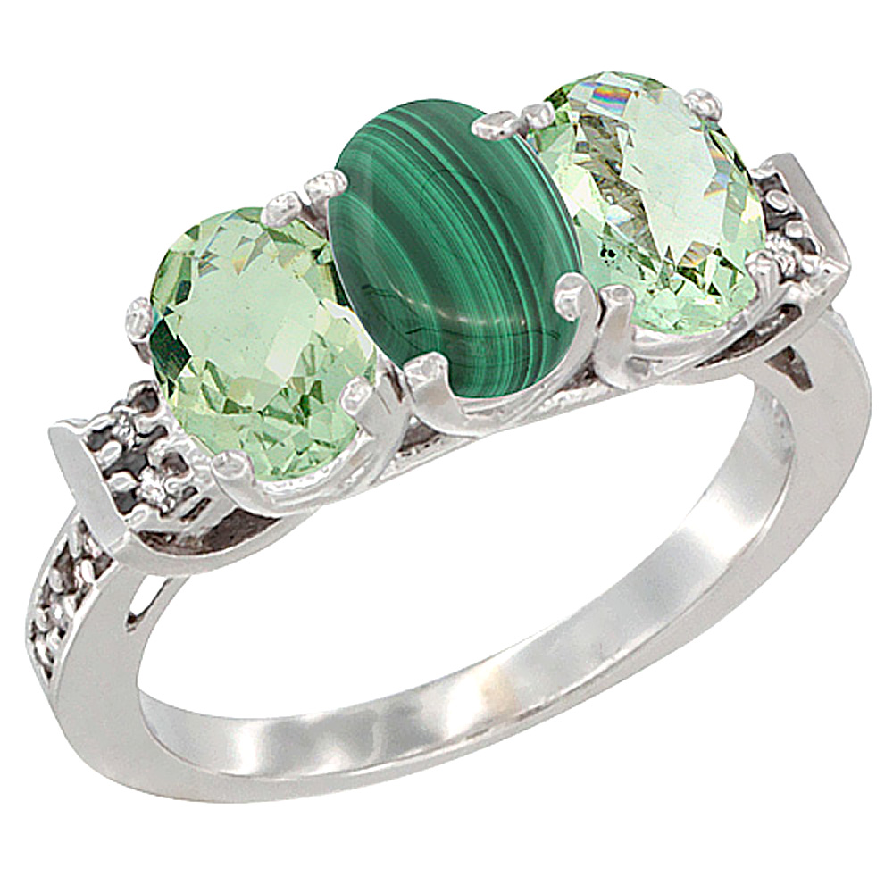 10K White Gold Natural Malachite & Green Amethyst Sides Ring 3-Stone Oval 7x5 mm Diamond Accent, sizes 5 - 10