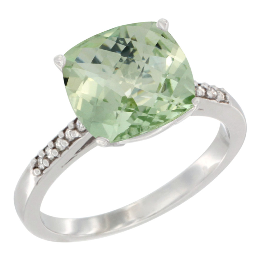 14K White Gold Natural Green Amethyst Ring 9 mm Cushion-cut Diamond accent, sizes 5 - 10