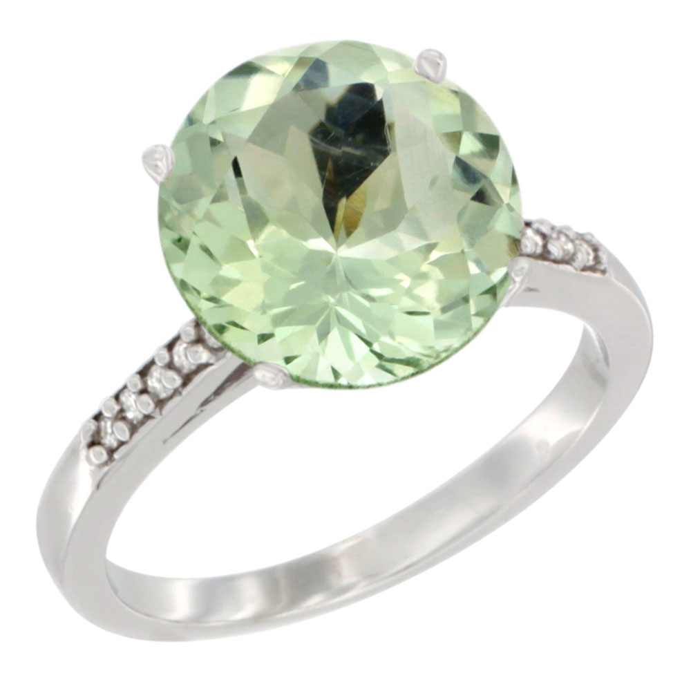 10K White Gold Natural Green Amethyst Ring Round 10mm Diamond accent, sizes 5 - 10