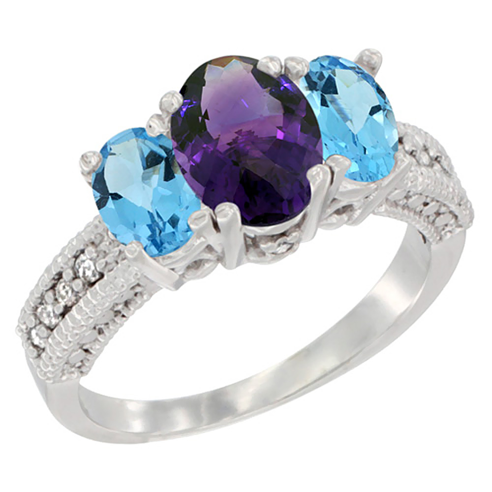 14K White Gold Diamond Natural Amethyst Ring Oval 3-stone with Swiss Blue Topaz, sizes 5 - 10