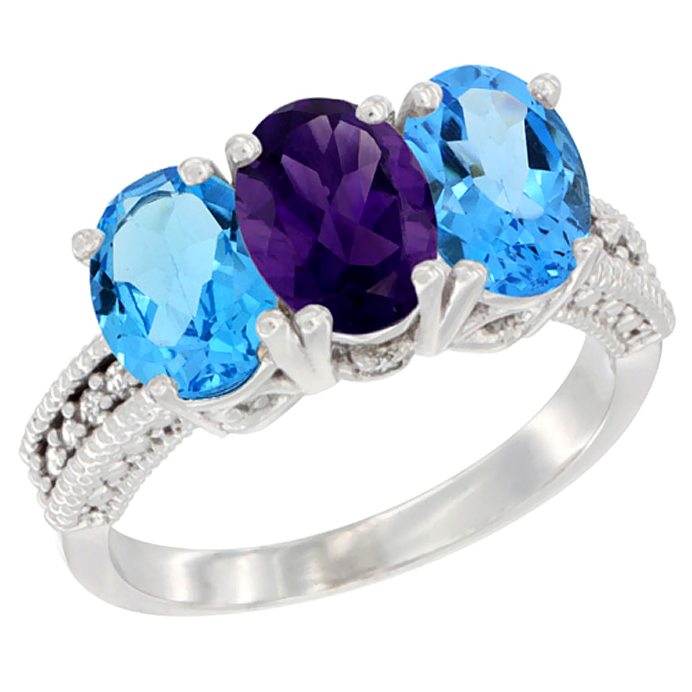 14K White Gold Natural Amethyst & Swiss Blue Topaz Sides Ring 3-Stone 7x5 mm Oval Diamond Accent, sizes 5 - 10