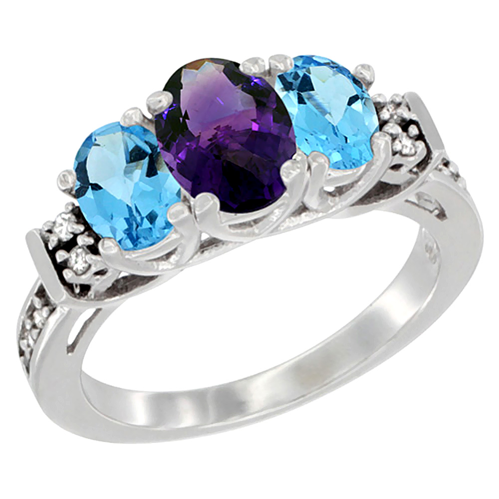 10K White Gold Natural Amethyst &amp; Swiss Blue Topaz Ring 3-Stone Oval Diamond Accent, sizes 5-10