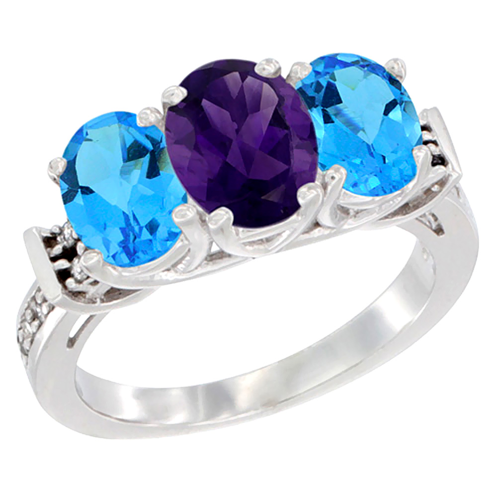 10K White Gold Natural Amethyst & Swiss Blue Topaz Sides Ring 3-Stone Oval Diamond Accent, sizes 5 - 10