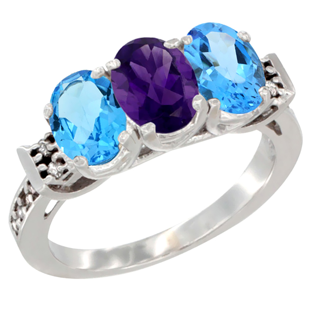 10K White Gold Natural Amethyst &amp; Swiss Blue Topaz Sides Ring 3-Stone Oval 7x5 mm Diamond Accent, sizes 5 - 10