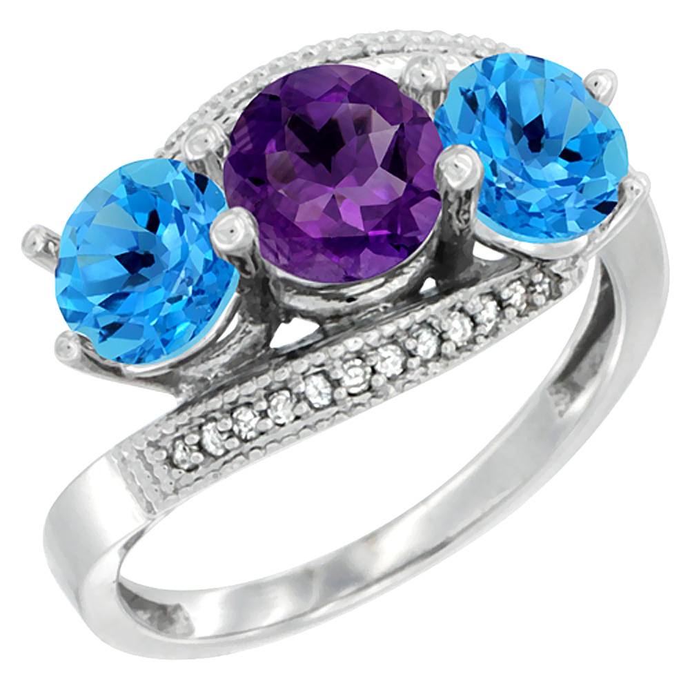 10K White Gold Natural Amethyst & Swiss Blue Topaz Sides 3 stone Ring Round 6mm Diamond Accent, sizes 5 - 10