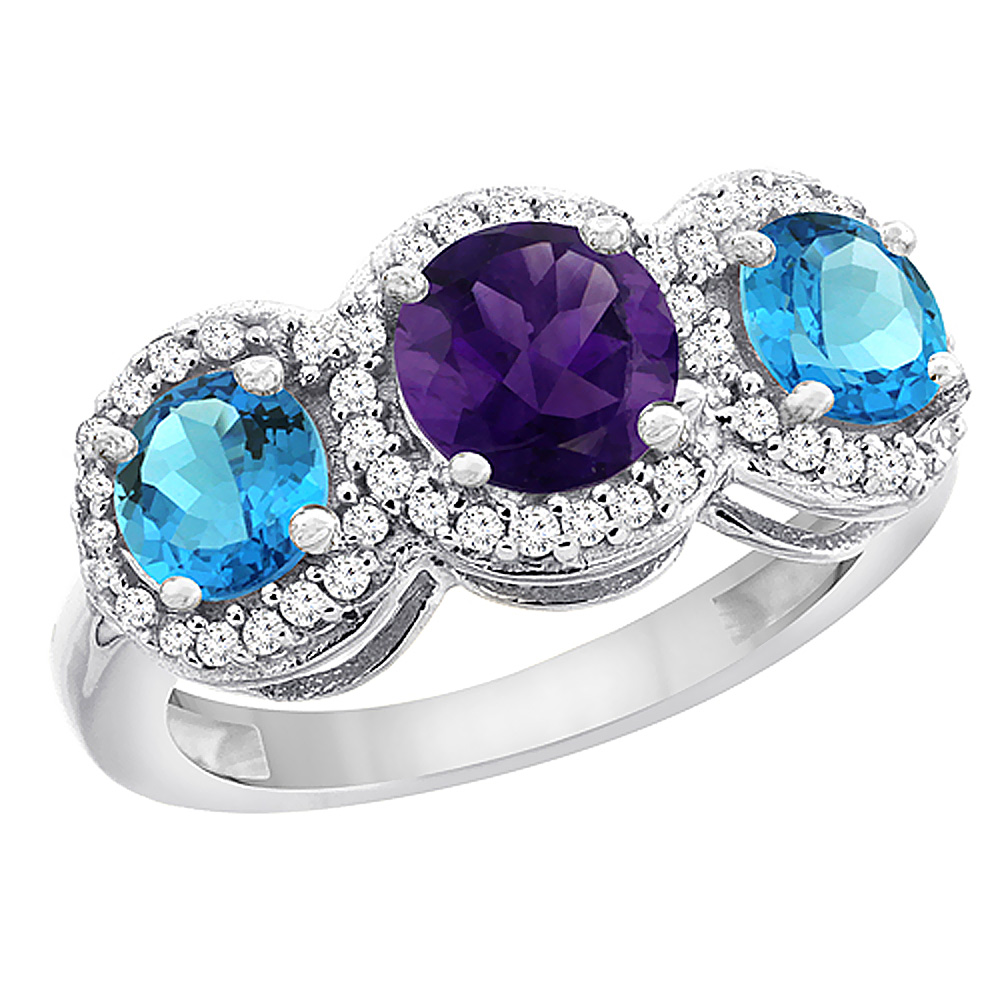 10K White Gold Natural Amethyst &amp; Swiss Blue Topaz Sides Round 3-stone Ring Diamond Accents, sizes 5 - 10