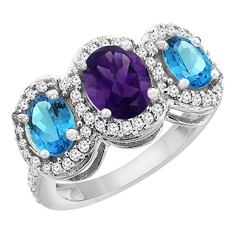 14K White Gold Natural Amethyst &amp; Swiss Blue Topaz 3-Stone Ring Oval Diamond Accent, sizes 5 - 10