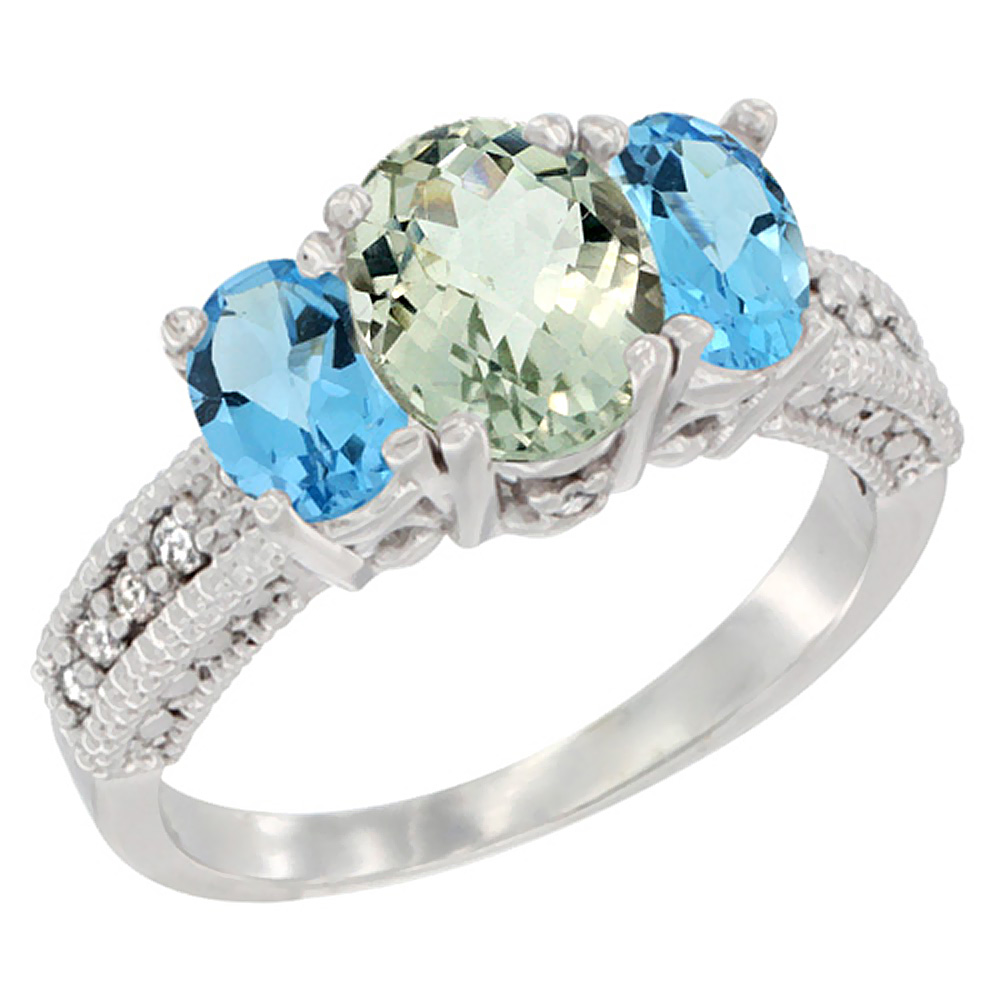 10K White Gold Diamond Natural Green Amethyst Ring Oval 3-stone with Swiss Blue Topaz, sizes 5 - 10