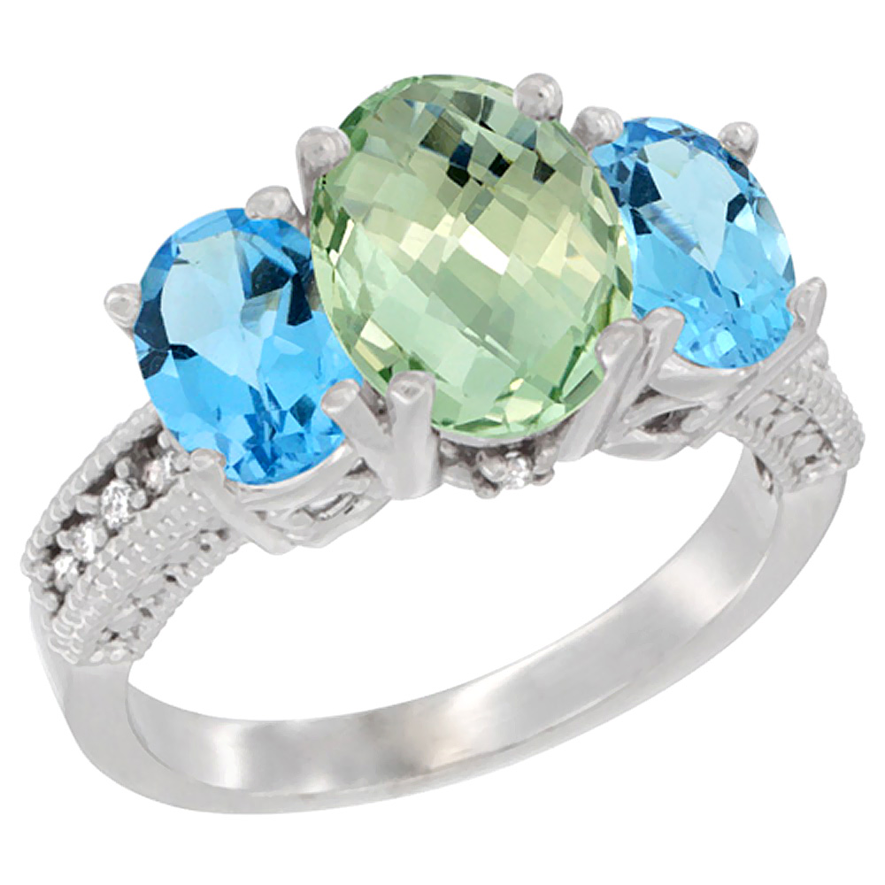 10K White Gold Diamond Natural Green Amethyst Ring 3-Stone Oval 8x6mm with Swiss Blue Topaz, sizes5-10