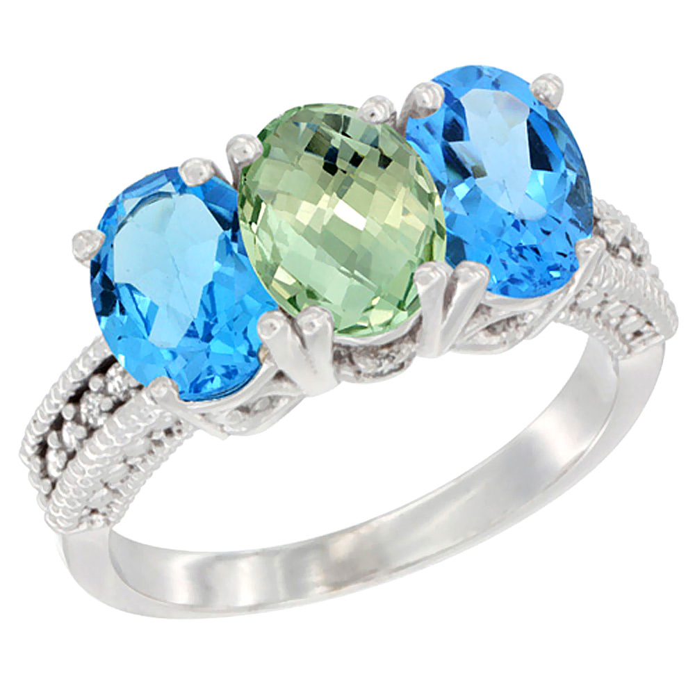 14K White Gold Natural Green Amethyst &amp; Swiss Blue Topaz Sides Ring 3-Stone 7x5 mm Oval Diamond Accent, sizes 5 - 10