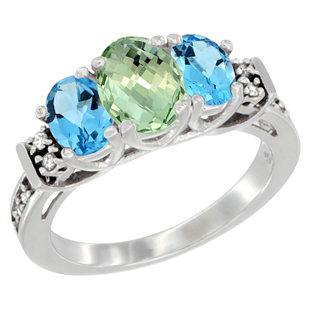 14K White Gold Natural Green Amethyst & Swiss Blue Topaz Ring 3-Stone Oval Diamond Accent, sizes 5-10
