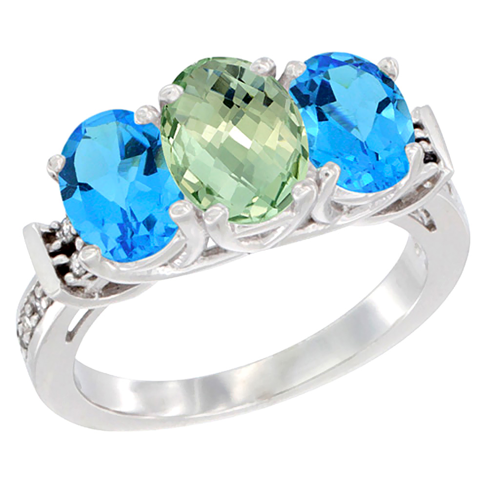 14K White Gold Natural Green Amethyst & Swiss Blue Topaz Sides Ring 3-Stone Oval Diamond Accent, sizes 5 - 10