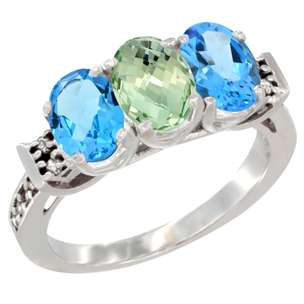 10K White Gold Natural Green Amethyst &amp; Swiss Blue Topaz Sides Ring 3-Stone Oval 7x5 mm Diamond Accent, sizes 5 - 10