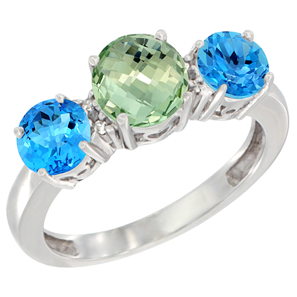 14K White Gold Round 3-Stone Natural Green Amethyst Ring &amp; Swiss Blue Topaz Sides Diamond Accent, sizes 5 - 10