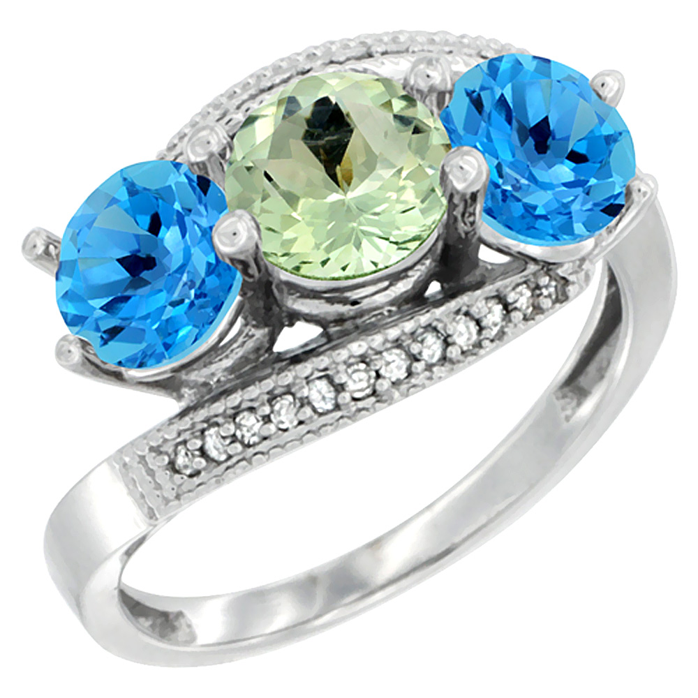 14K White Gold Natural Green Amethyst & Swiss Blue Topaz Sides 3 stone Ring Round 6mm Diamond Accent, sizes 5 - 10
