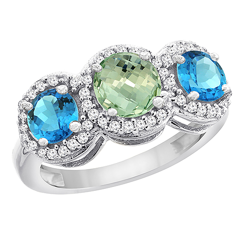 10K White Gold Natural Green Amethyst &amp; Swiss Blue Topaz Sides Round 3-stone Ring Diamond Accents, sizes 5 - 10