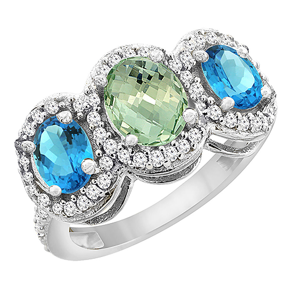 10K White Gold Natural Green Amethyst & Swiss Blue Topaz 3-Stone Ring Oval Diamond Accent, sizes 5 - 10