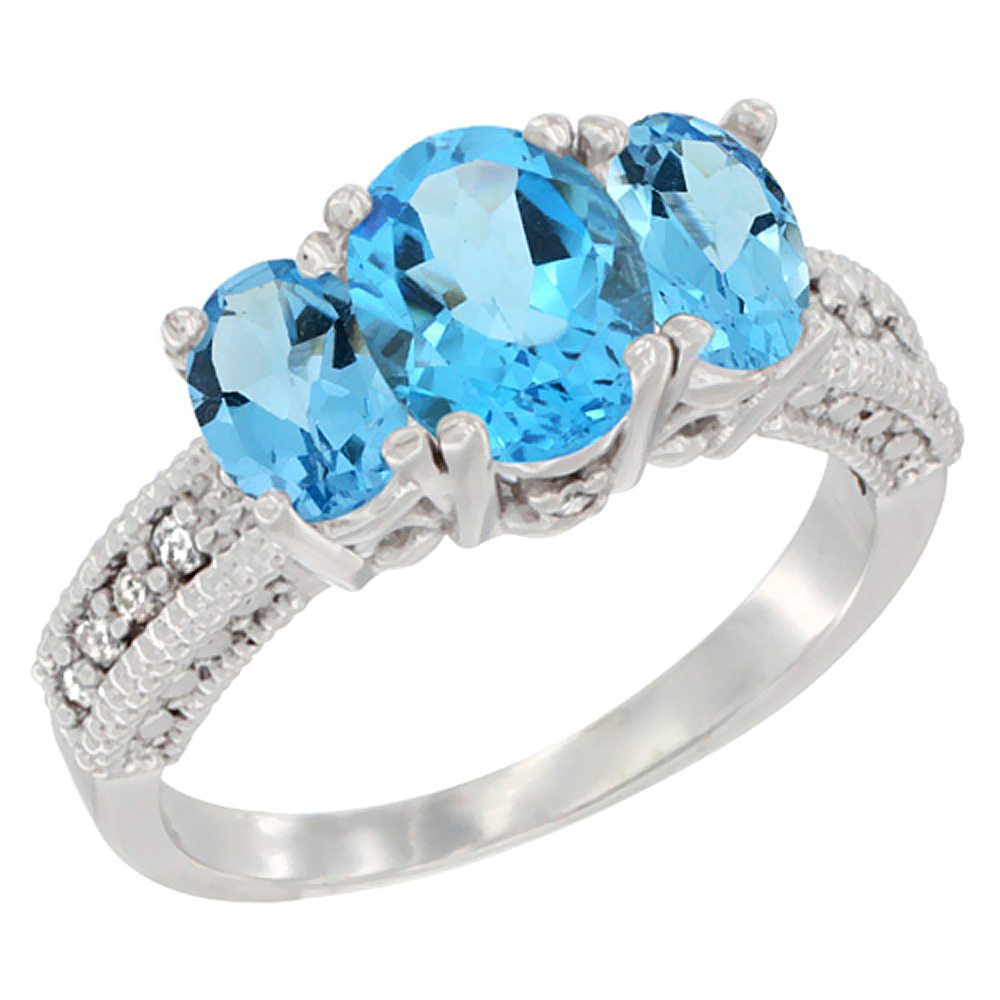 14K White Gold Diamond Natural Swiss Blue Topaz Ring Oval 3-stone, sizes 5 - 10