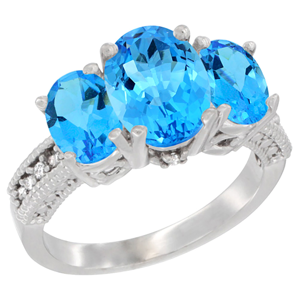 14K White Gold Diamond Natural Swiss Blue Topaz Ring 3-Stone Oval 8x6mm, sizes5-10