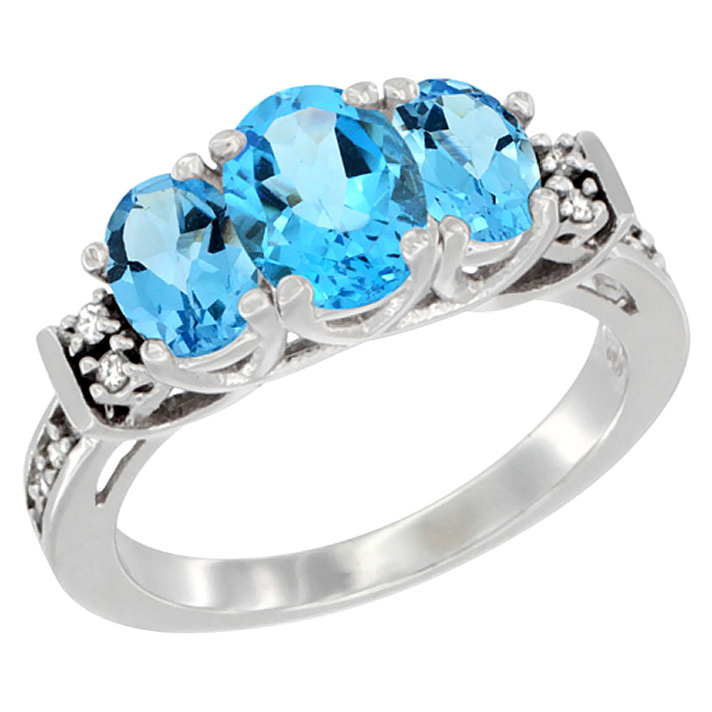 14K White Gold Natural Swiss Blue Topaz Ring 3-Stone Oval Diamond Accent, sizes 5-10
