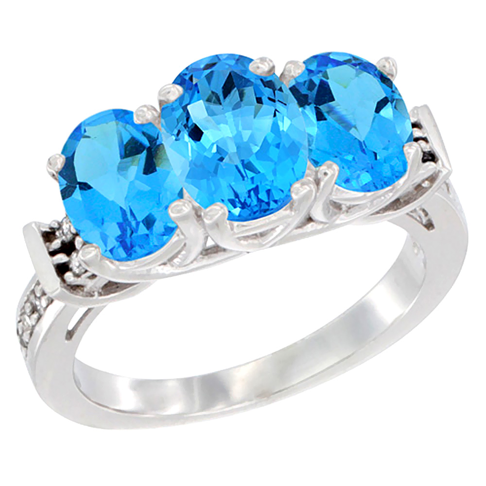14K White Gold Natural Swiss Blue Topaz Ring 3-Stone Oval Diamond Accent, sizes 5 - 10