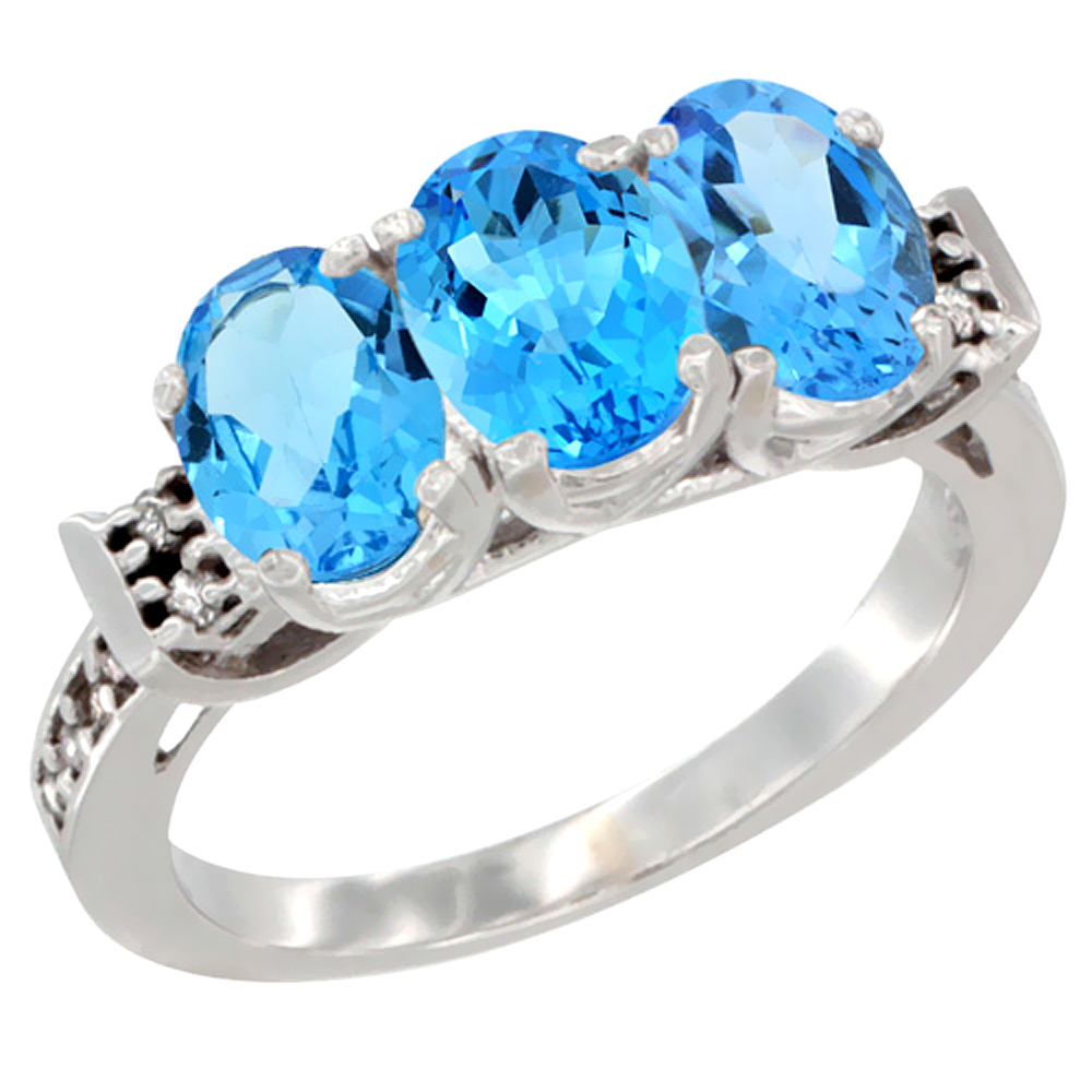 14K White Gold Natural Swiss Blue Topaz Ring 3-Stone 7x5 mm Oval Diamond Accent, sizes 5 - 10