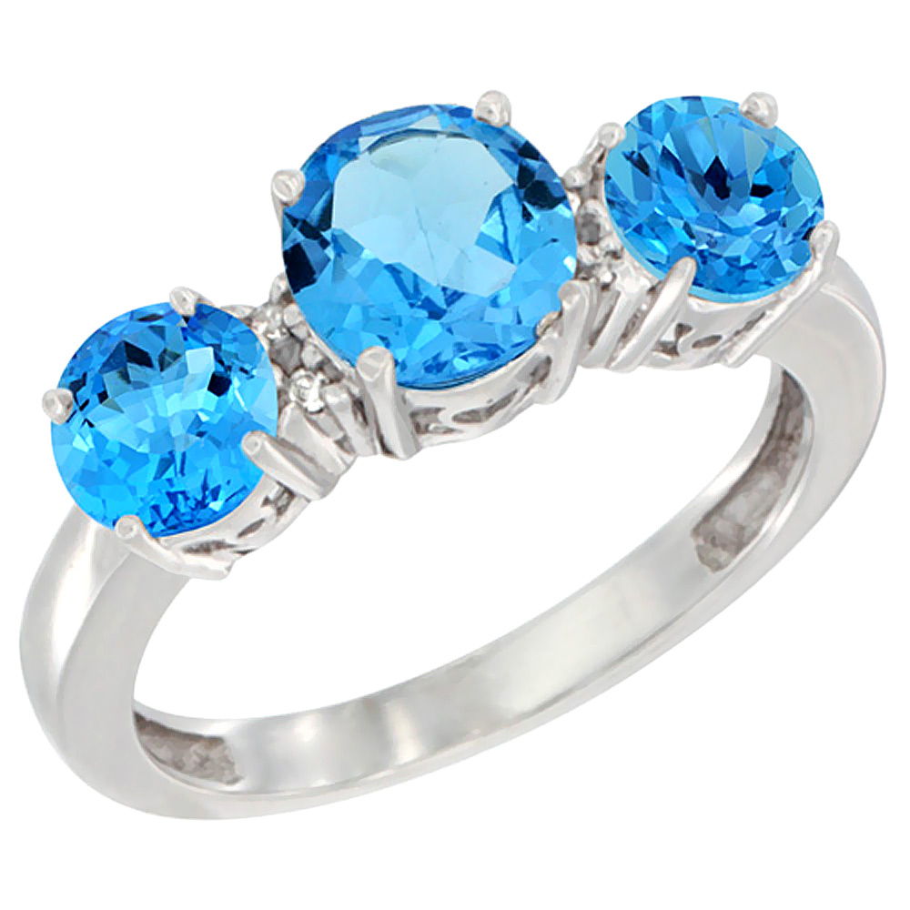 10K White Gold Round 3-Stone Natural Swiss Blue Topaz Ring Diamond Accent, sizes 5 - 10