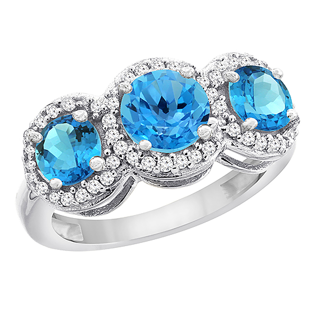 14K White Gold Natural Swiss Blue Topaz Round 3-stone Ring Diamond Accents, sizes 5 - 10
