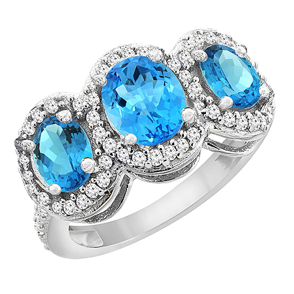 10K White Gold Natural Swiss Blue Topaz 3-Stone Ring Oval Diamond Accent, sizes 5 - 10
