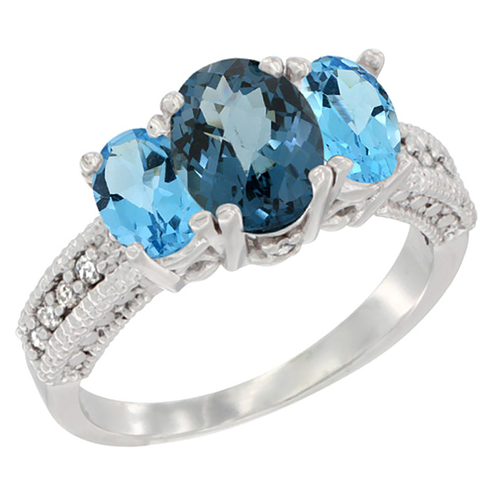 10K White Gold Diamond Natural London Blue Topaz Ring Oval 3-stone with Swiss Blue Topaz, sizes 5-10