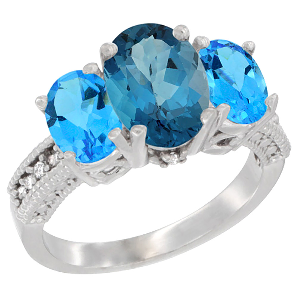 10K White Gold Diamond Natural London Blue Topaz Ring 3-Stone Oval 8x6mm with Swiss Blue Topaz, sizes5-10