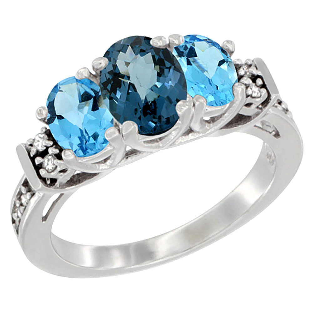 14K White Gold Natural London Blue Topaz &amp; Swiss Blue Topaz Ring 3-Stone Oval Diamond Accent, sizes 5-10