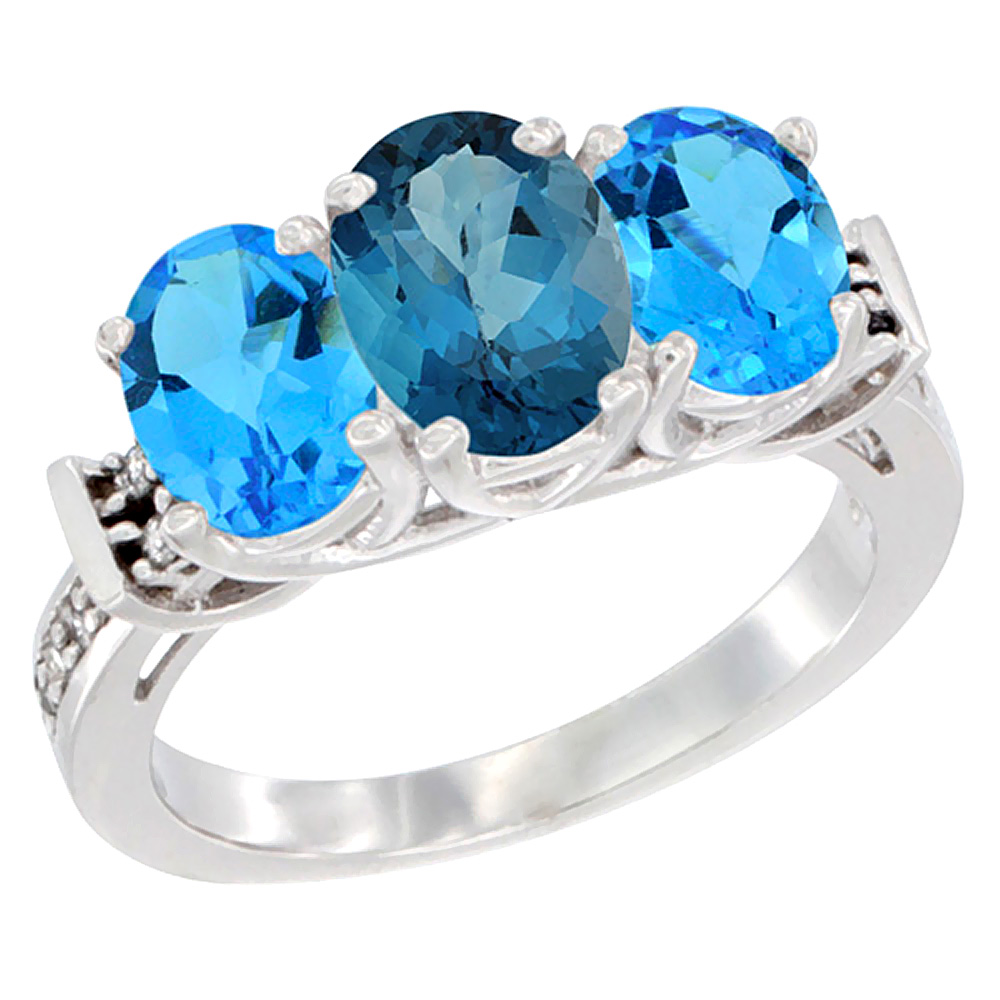 14K White Gold Natural London Blue Topaz & Swiss Blue Topaz Sides Ring 3-Stone Oval Diamond Accent, sizes 5 - 10