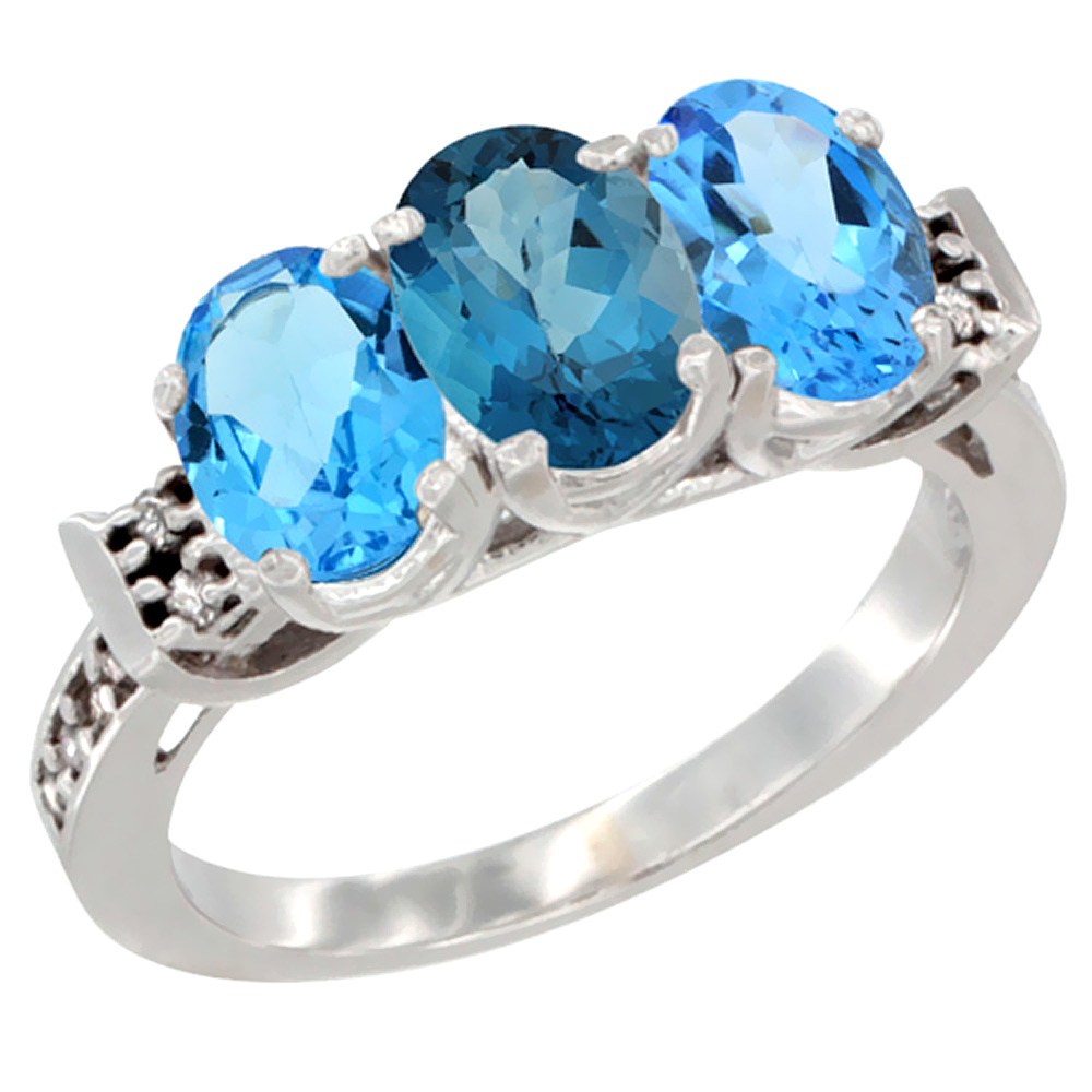 10K White Gold Natural London Blue Topaz &amp; Swiss Blue Topaz Sides Ring 3-Stone Oval 7x5 mm Diamond Accent, sizes 5 - 10