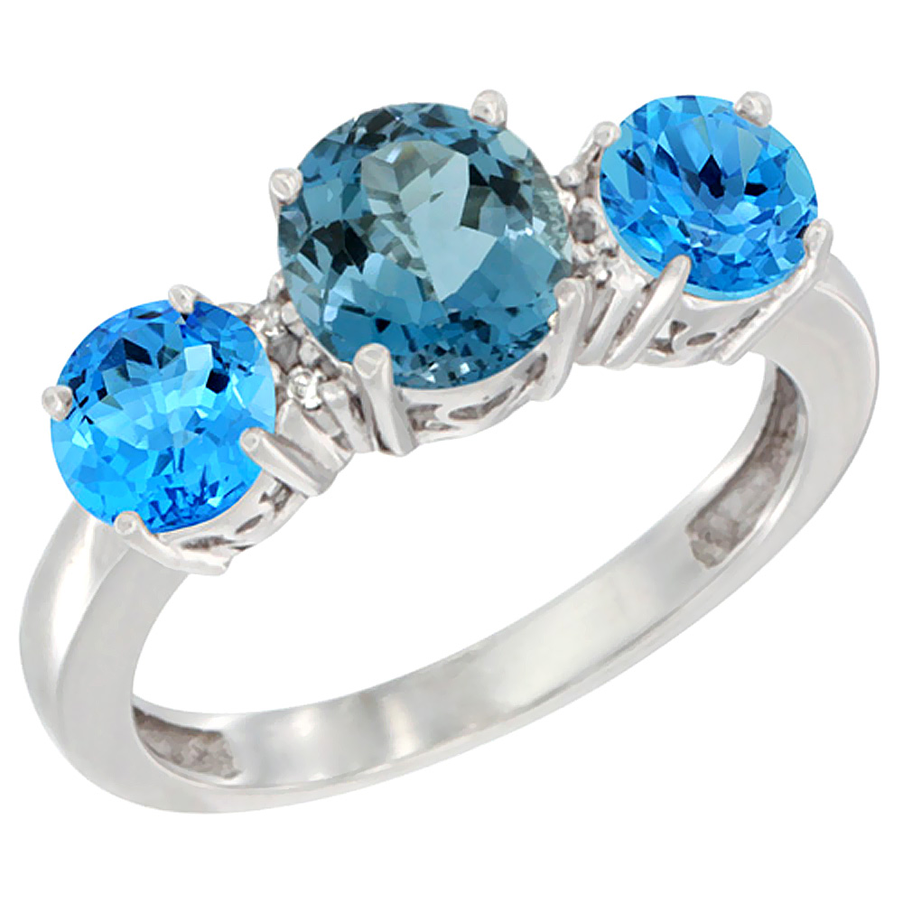 10K White Gold Round 3-Stone Natural London Blue Topaz Ring &amp; Swiss Blue Topaz Sides Diamond Accent, sizes 5 - 10