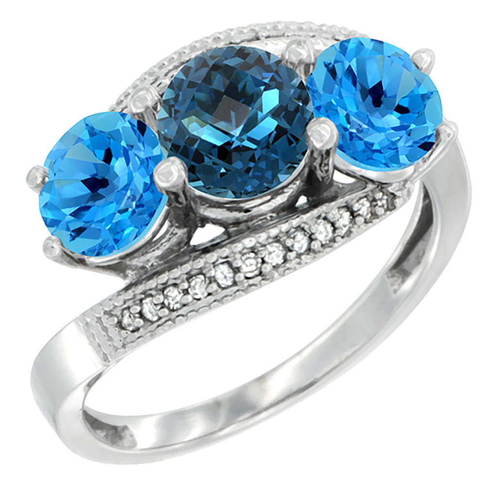 10K White Gold Natural London Blue Topaz &amp; Swiss Blue Topaz Sides 3 stone Ring Round 6mm Diamond Accent, sizes 5 - 10
