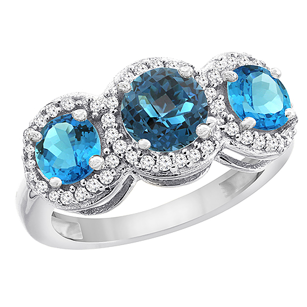 14K White Gold Natural London Blue Topaz & Swiss Blue Topaz Sides Round 3-stone Ring Diamond Accents, sizes 5 - 10